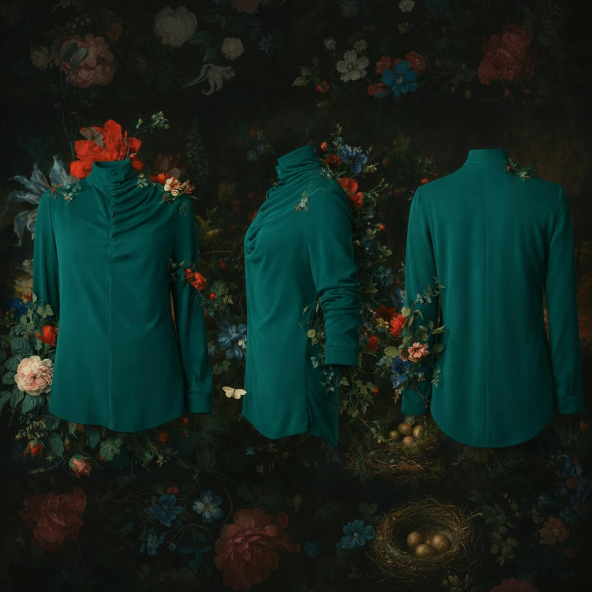 Three views of a teal long-sleeve blouse with a ruched high neck, styled with flowers on a dark, painterly background.