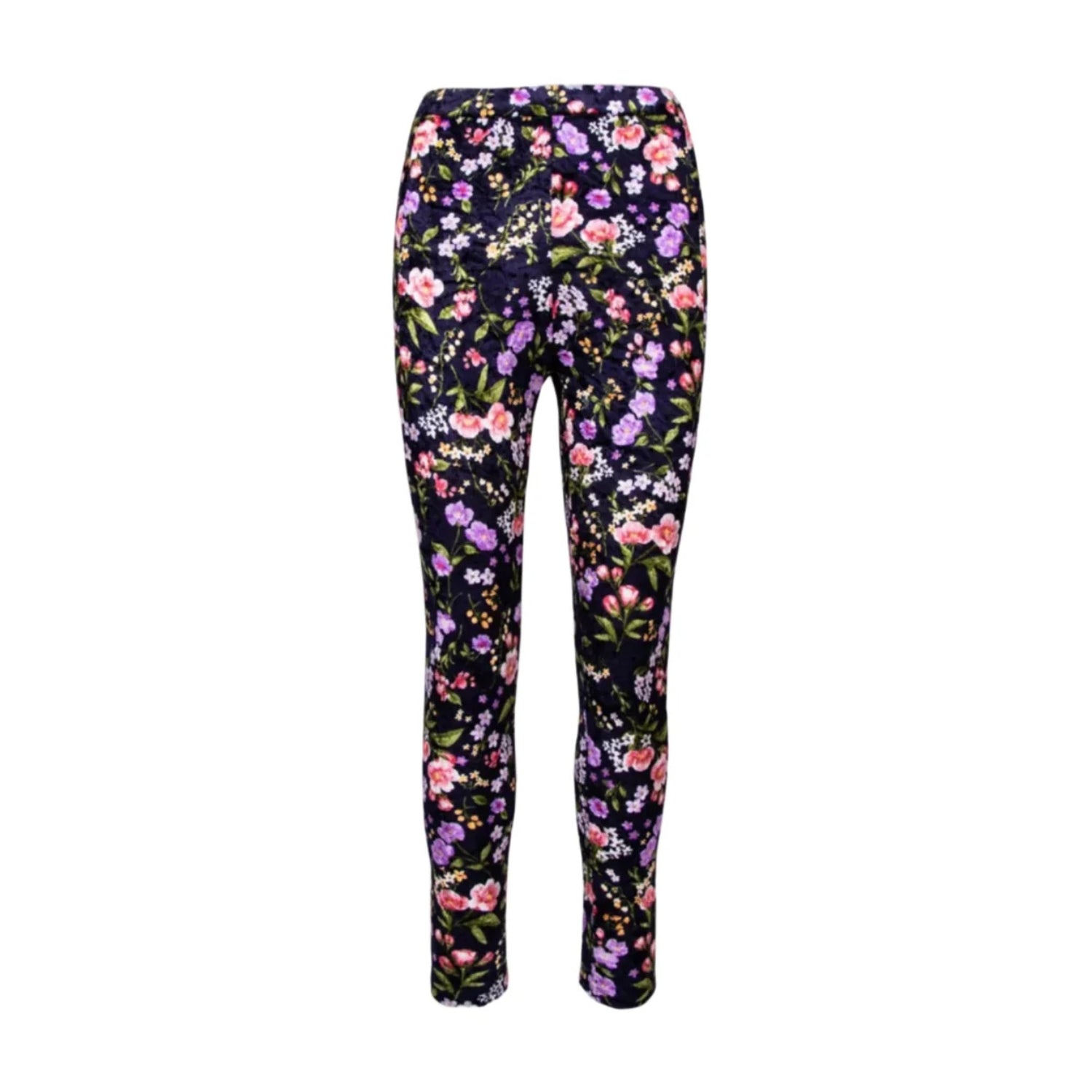 A pair of slim-fit leggings with a dense floral print on a black background, featuring pink, purple, and green flowers with small yellow accents.