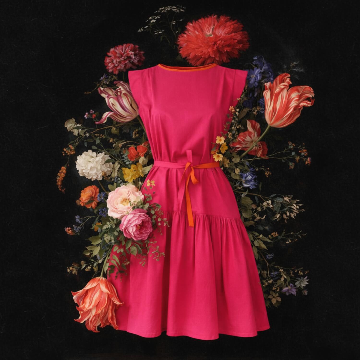 A bright pink sleeveless dress with a matching waist tie, displayed against a dark background with a large classical-style floral arrangement behind it.