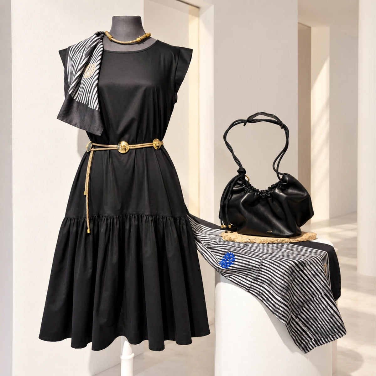 A black sleeveless tiered dress displayed on a mannequin, styled with a gold belt, a striped scarf draped over one shoulder, and a black leather handbag beside it on a white display table in a bright indoor setting.