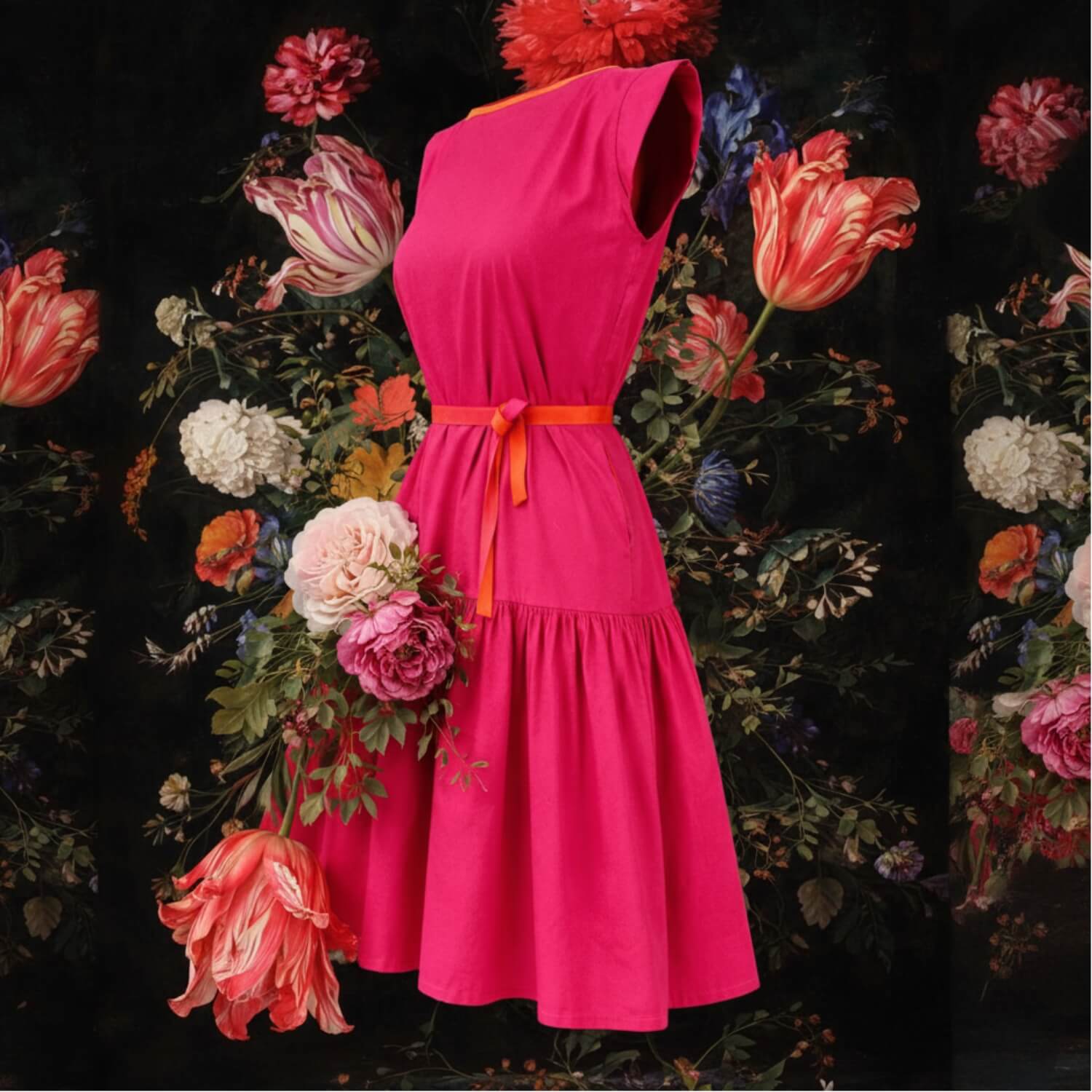A sleeveless bright pink dress with a matching waist tie, displayed against a dark background surrounded by large colorful flowers.