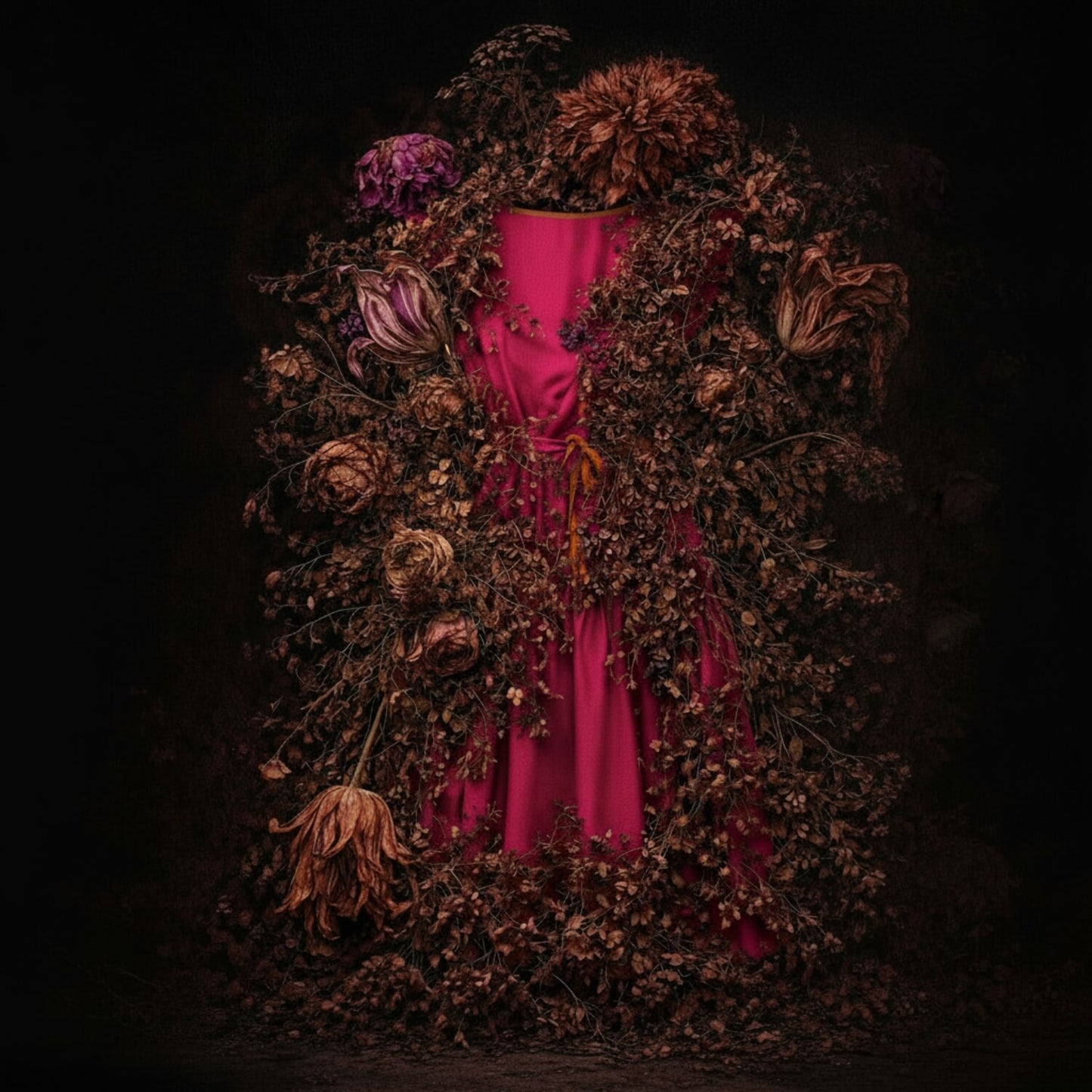 A dark, moody still life featuring a bright pink fabric garment or drape surrounded by abundant dried brown flowers and botanicals against a black background.