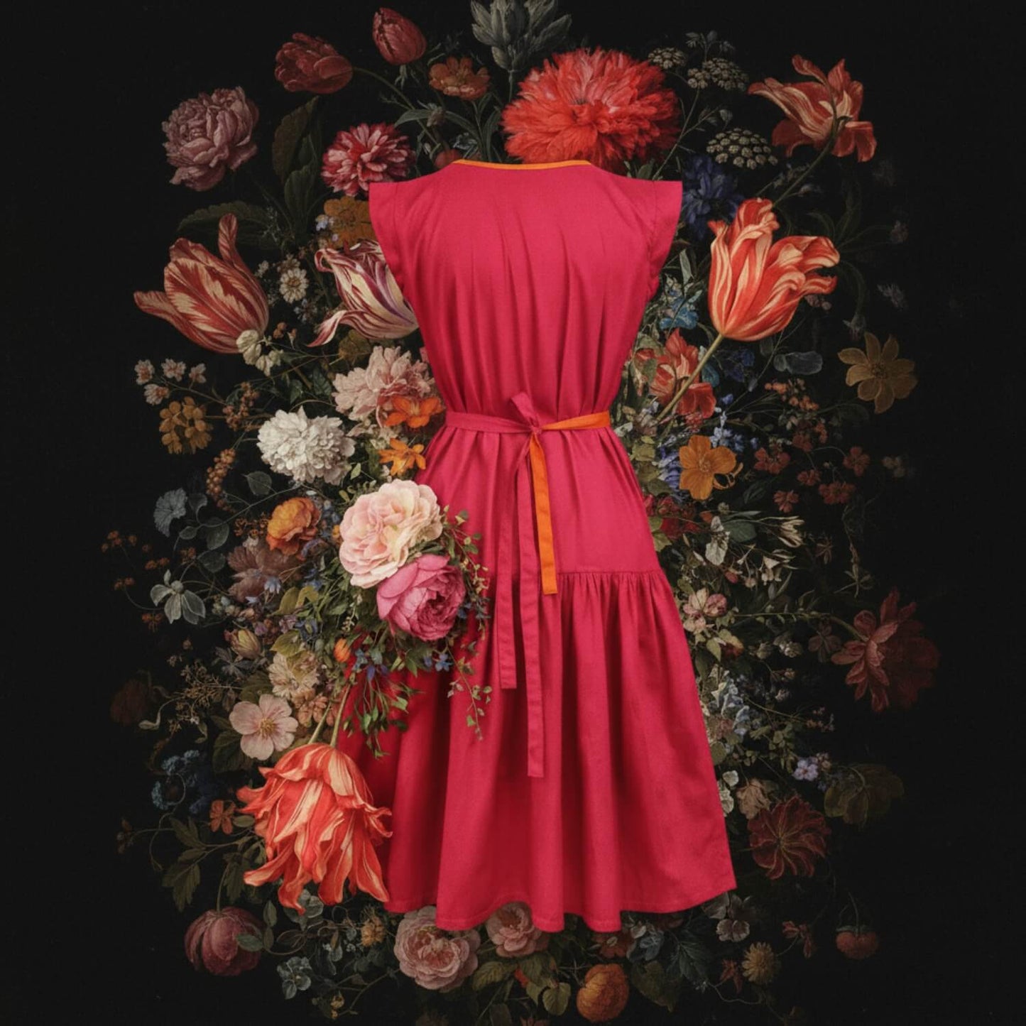A bright pink sleeveless dress with a matching waist tie and orange accent trim, shown from the back against a dark background with a large floral arrangement.