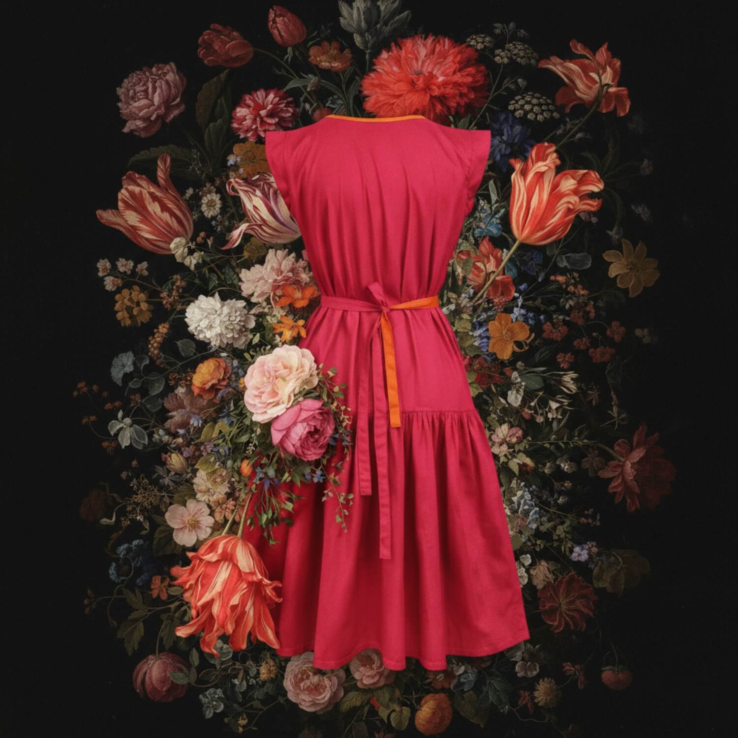 A bright pink sleeveless dress with a matching waist tie and orange accent trim, shown from the back against a dark background with a large floral arrangement.