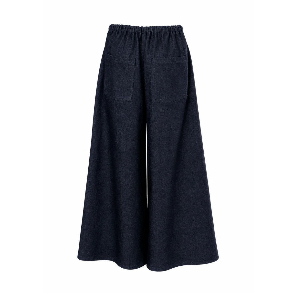 Dark navy wide-leg pants with an elastic waistband and two large bag pockets on the back, shown against a plain white background.