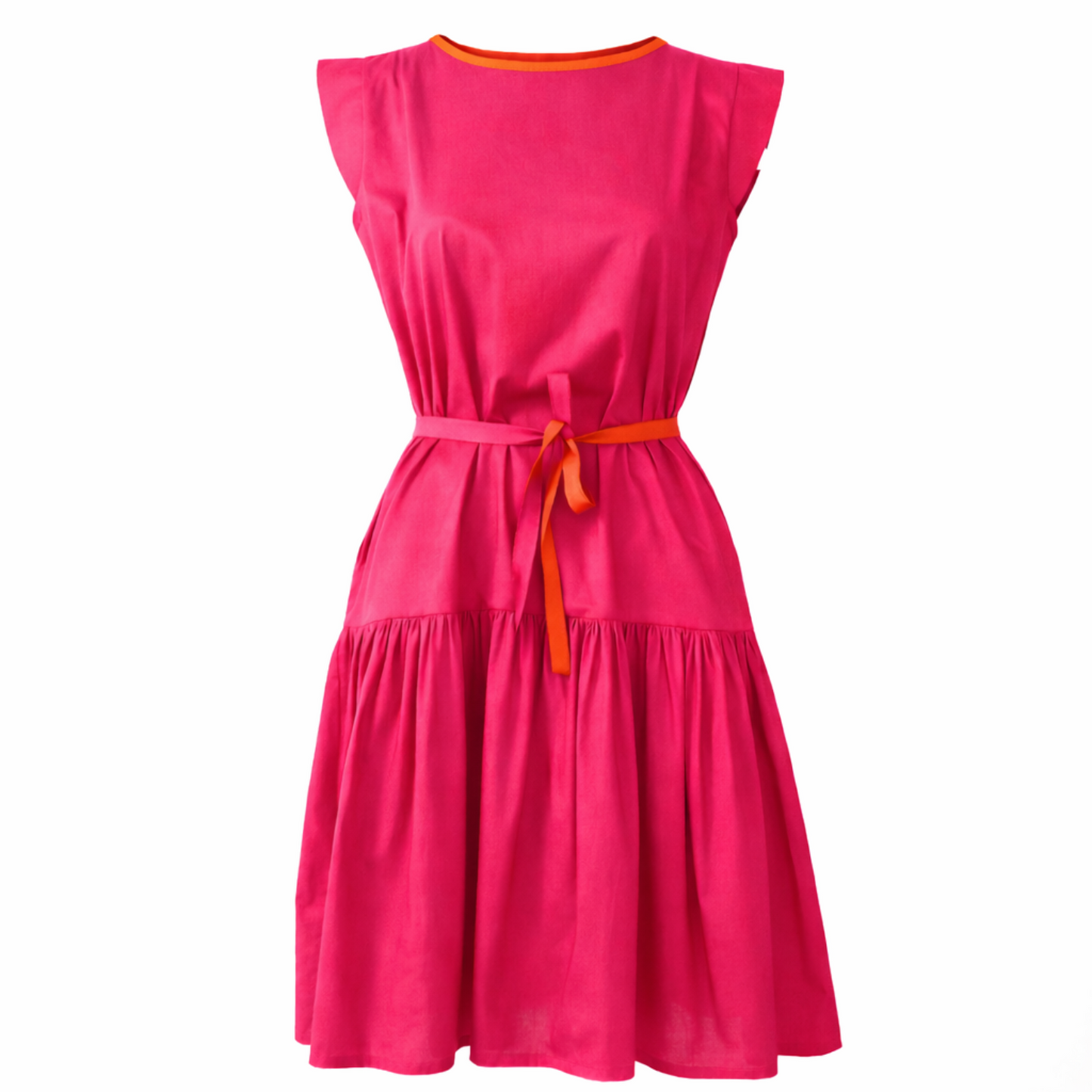 Guillotine Hot Pink Frill Dress featuring contrast orange neckline trim and two-tone waist tie, shown from the front to highlight the sculptural silhouette, gathered waist detail and flowing frill hem.