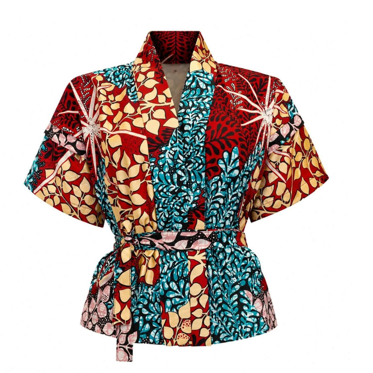 A short-sleeved wrap-style robe with a self-tie belt, featuring a bold, multicolor African wax print pattern with red, teal, beige, and black floral and geometric motifs.