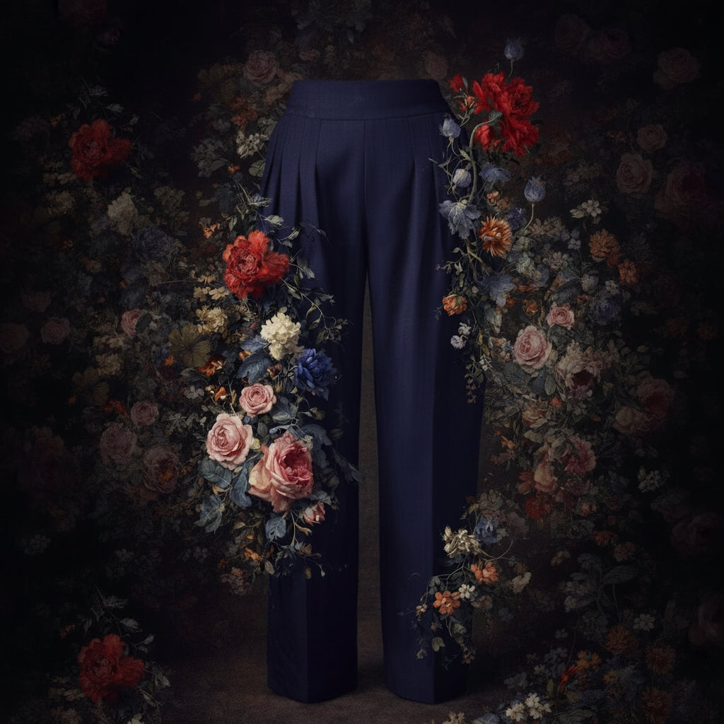 Dark navy wide-leg trousers with elaborate floral arrangements in red, pink, blue, and cream draped over the sides, set against a dark background.