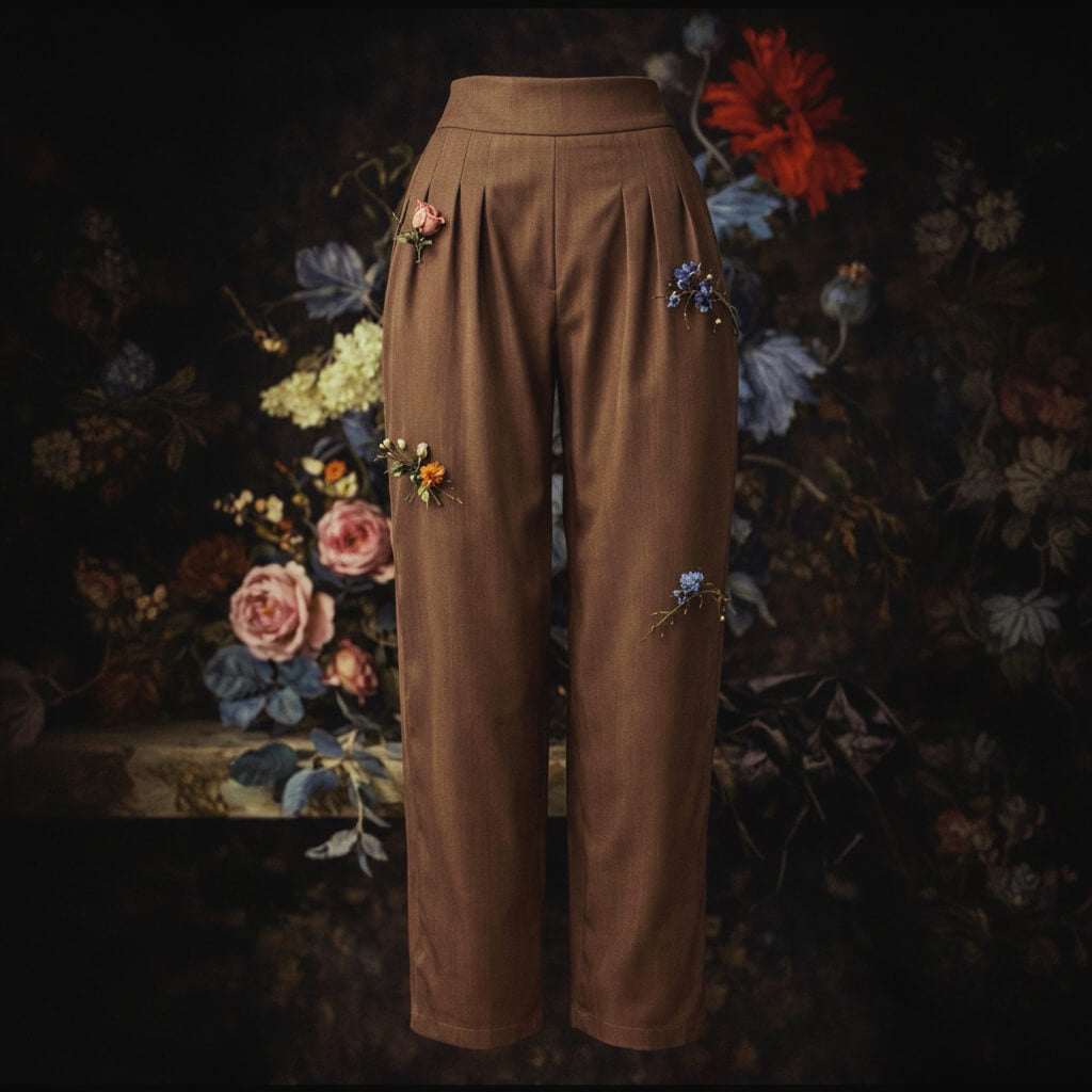 A pair of brown wide-leg trousers with pleated detailing and small embroidered floral accents, displayed against a dark, vintage-style floral background.