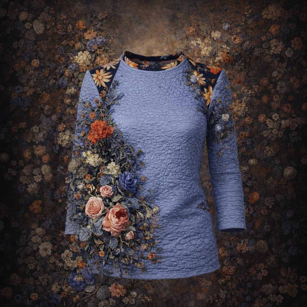 A textured light blue long-sleeve top with a floral applique design cascading down the left side and along the shoulders, set against a dark floral background.