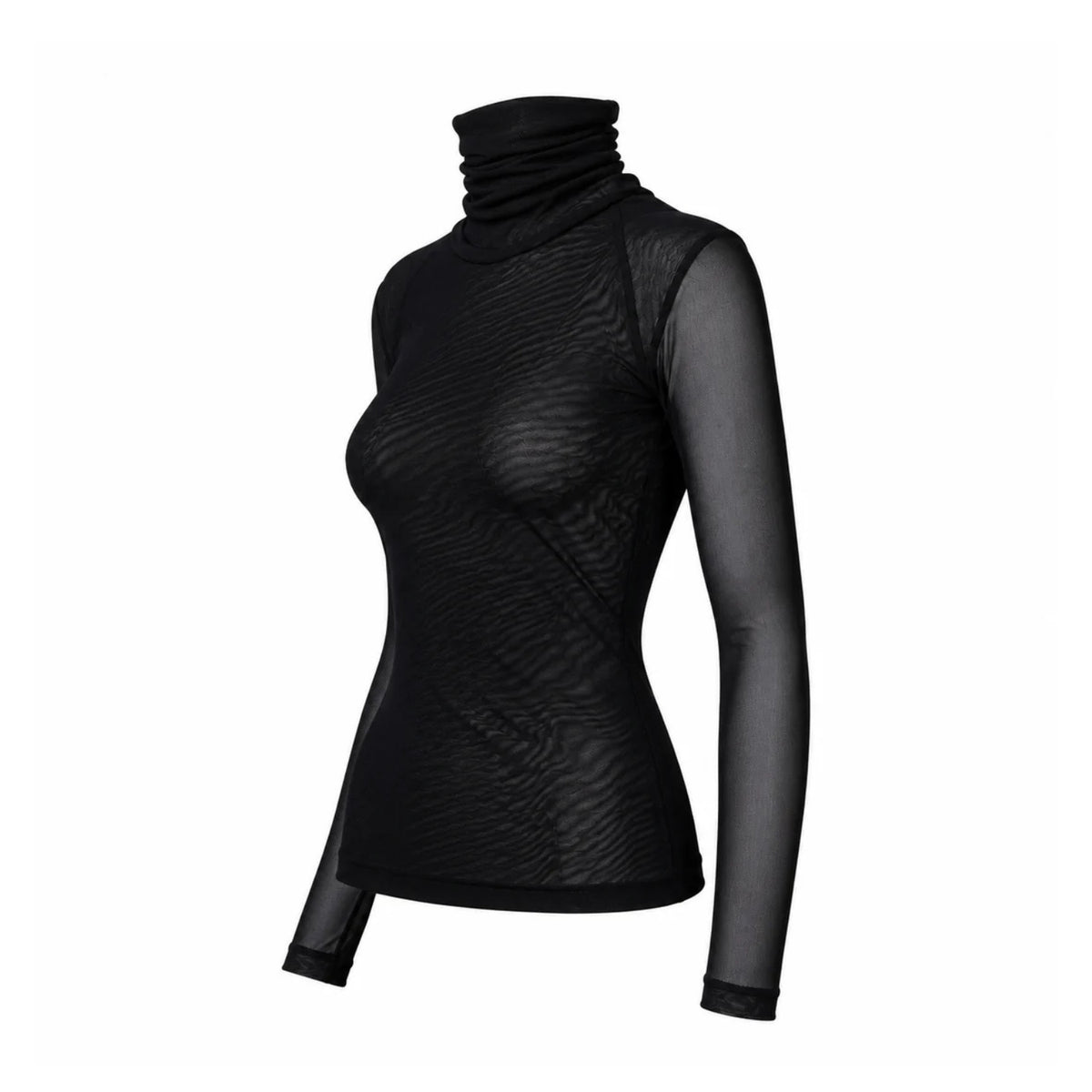 A black long-sleeve turtleneck top with sheer mesh sleeves and a textured, ribbed body.