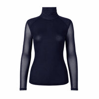A women's long-sleeve turtleneck top in dark navy blue, featuring sheer mesh sleeves.