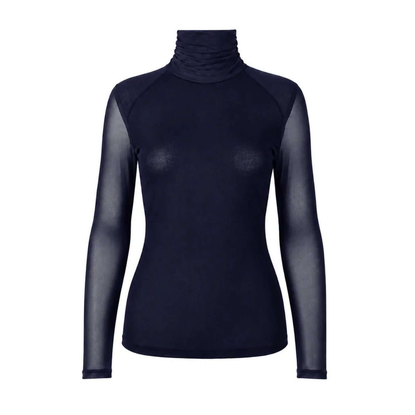 A women's long-sleeve turtleneck top in dark navy blue, featuring sheer mesh sleeves.