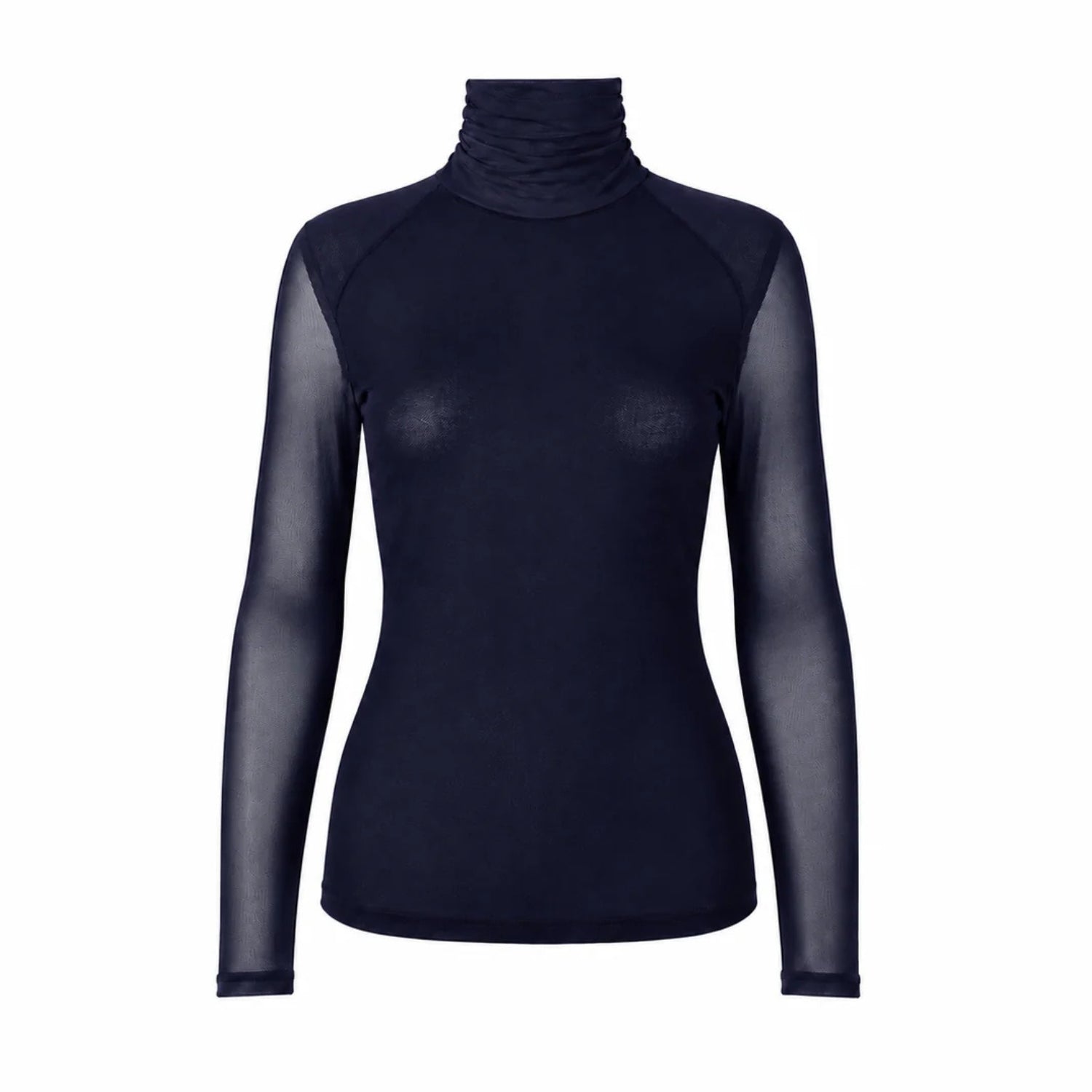 A women's long-sleeve turtleneck top in dark navy blue, featuring sheer mesh sleeves.