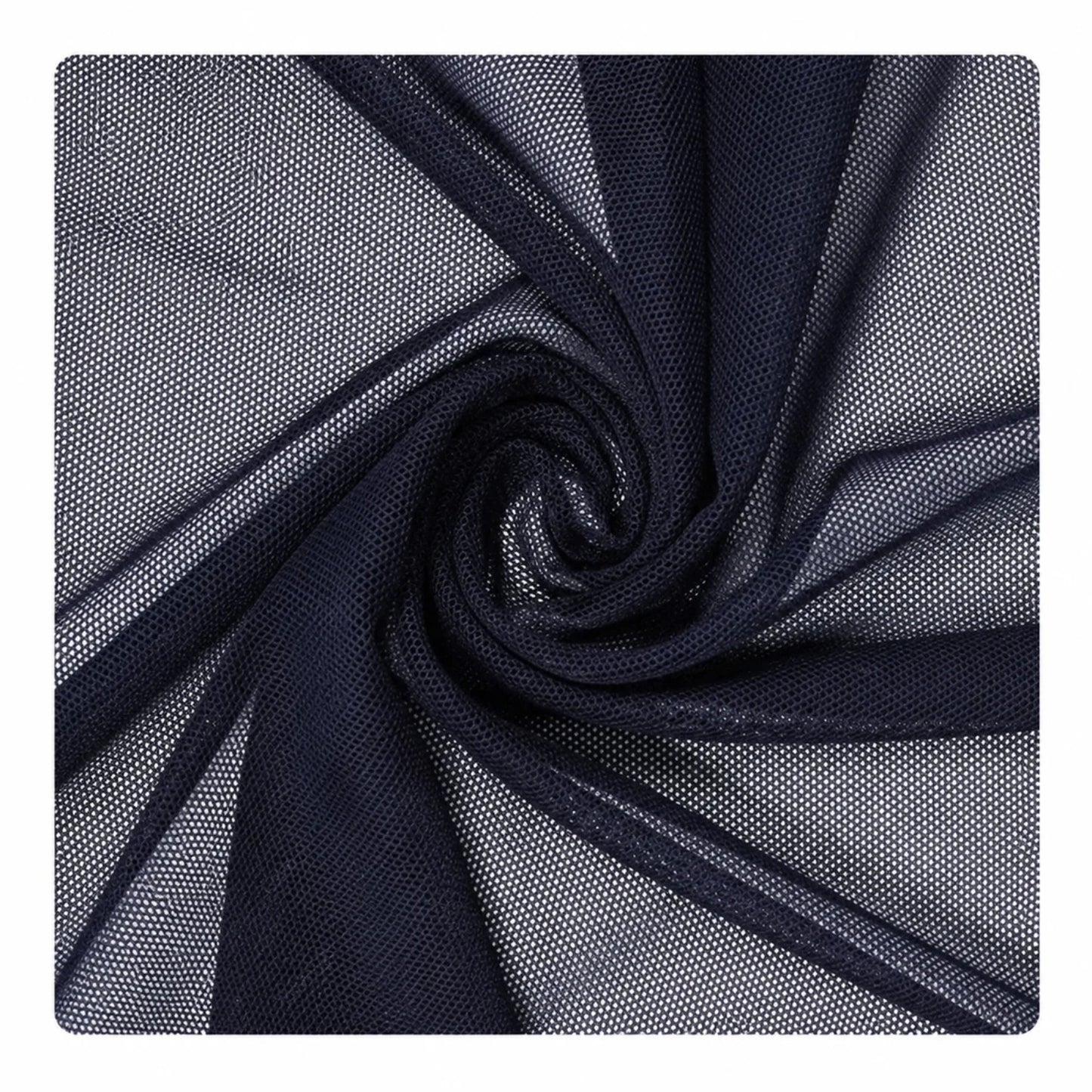 Dark navy sheer mesh fabric draped in a spiral pattern to show its texture and transparency.