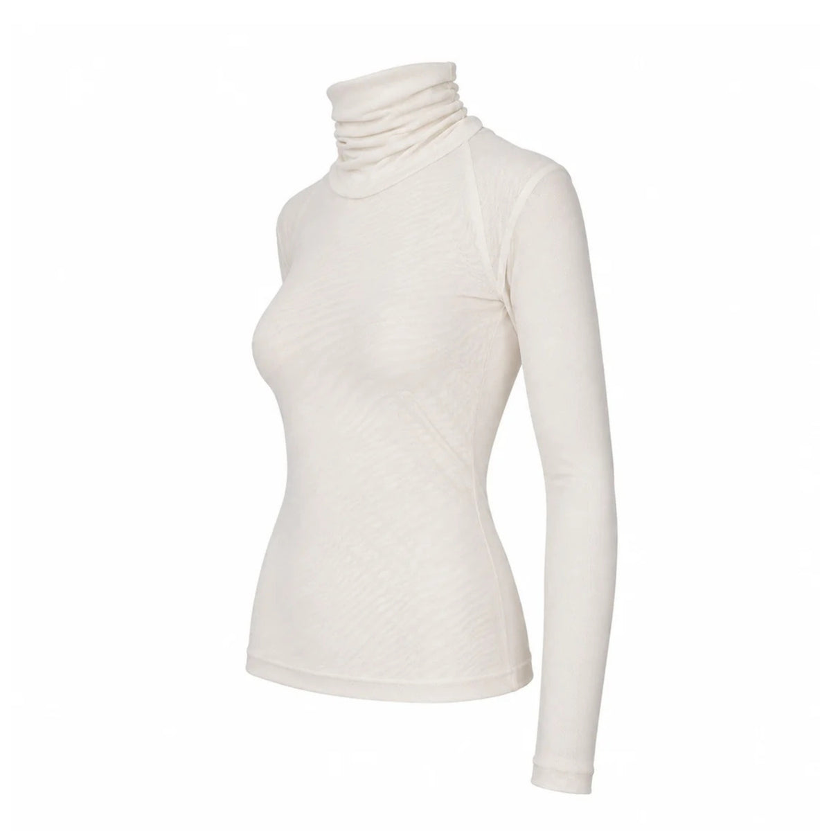 An off-white long-sleeve turtleneck top displayed on a ghost mannequin against a plain white background.
