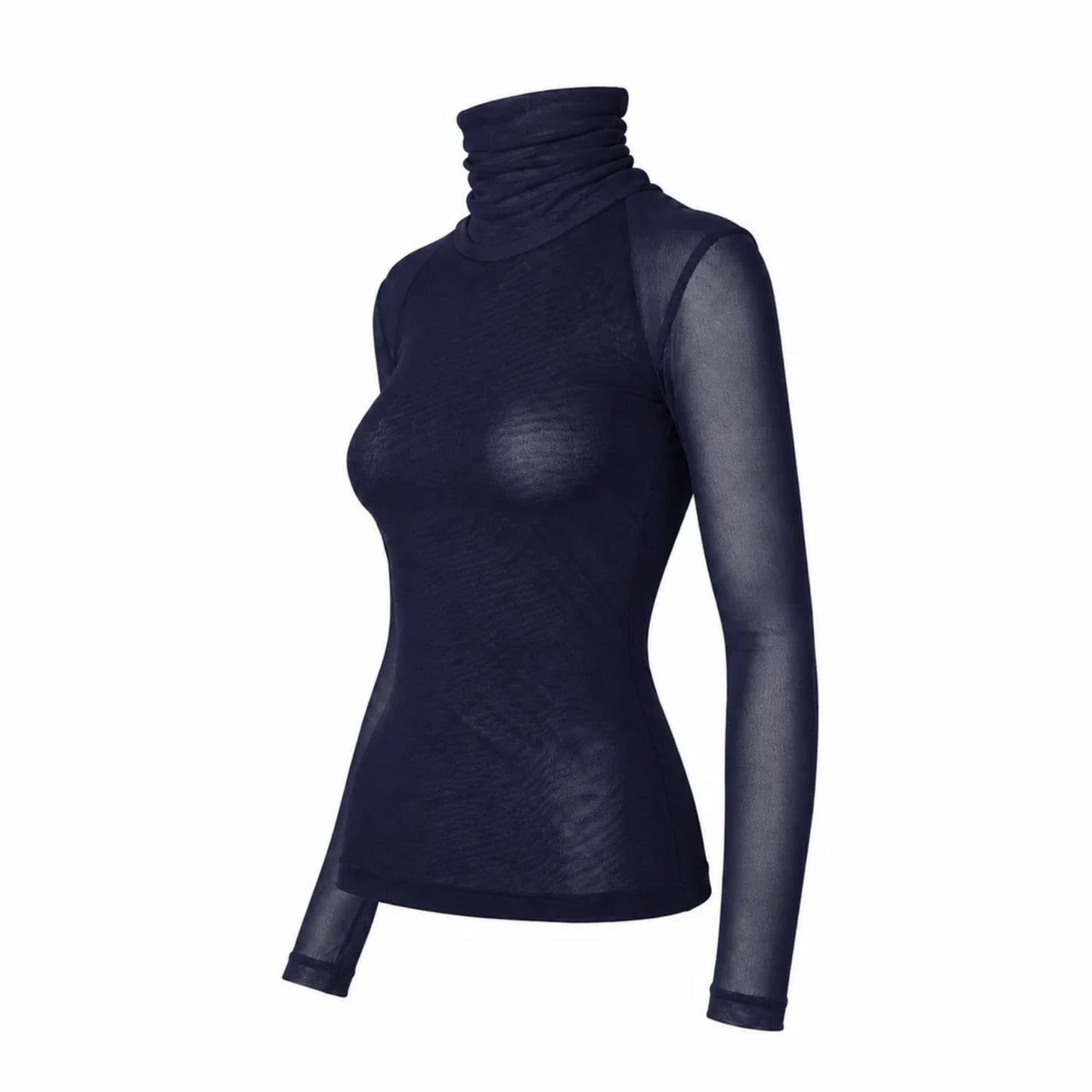 A women's long-sleeve turtleneck top in dark navy blue, featuring a textured knit body and sheer mesh sleeves, shown on a plain white background.