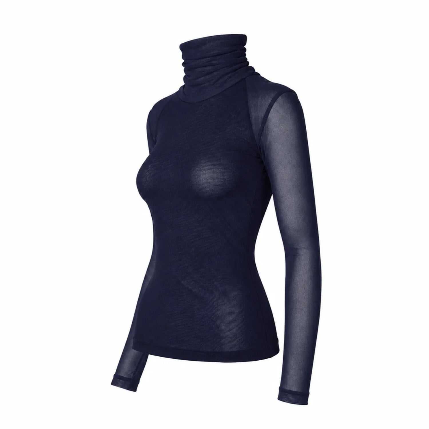 A women's long-sleeve turtleneck top in dark navy blue, featuring a textured knit body and sheer mesh sleeves, shown on a plain white background.