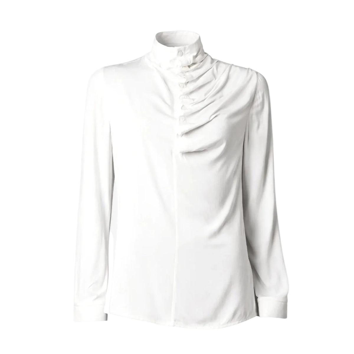 A white long-sleeve blouse with a high mock neck and a gathered, ruffled front button detail.