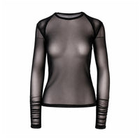 A sheer black long-sleeve mesh top with black trim on the crew neck, shoulders, and cuffs, displayed on a ghost mannequin against a plain white background.