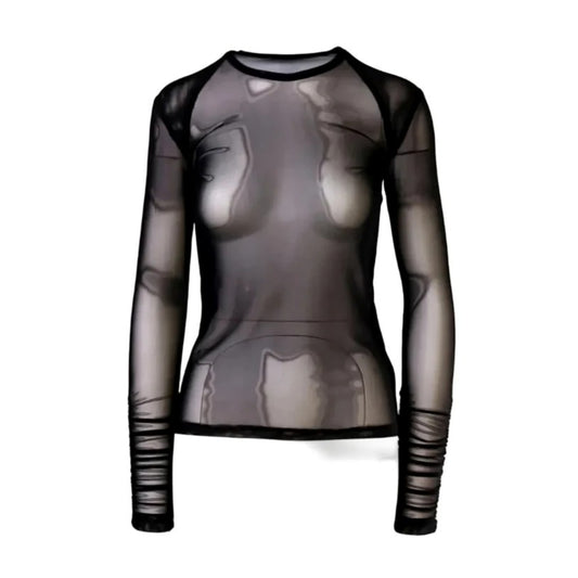 Guillotine sheer black long-sleeve bodystocking mesh top with a fitted silhouette, ribbed cuffs, and a crew neckline.