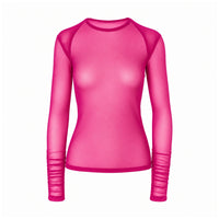 A bright magenta pink long-sleeve mesh Top, with a crew neck and sheer mesh sleeves.