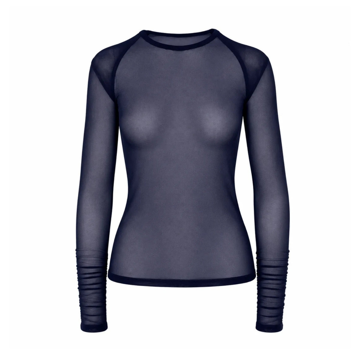 A women's long-sleeve sheer mesh top in a dark navy blue color and ruche cuffs.