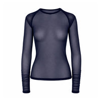 A women's long-sleeve sheer mesh top in a dark navy blue color and ruche cuffs.