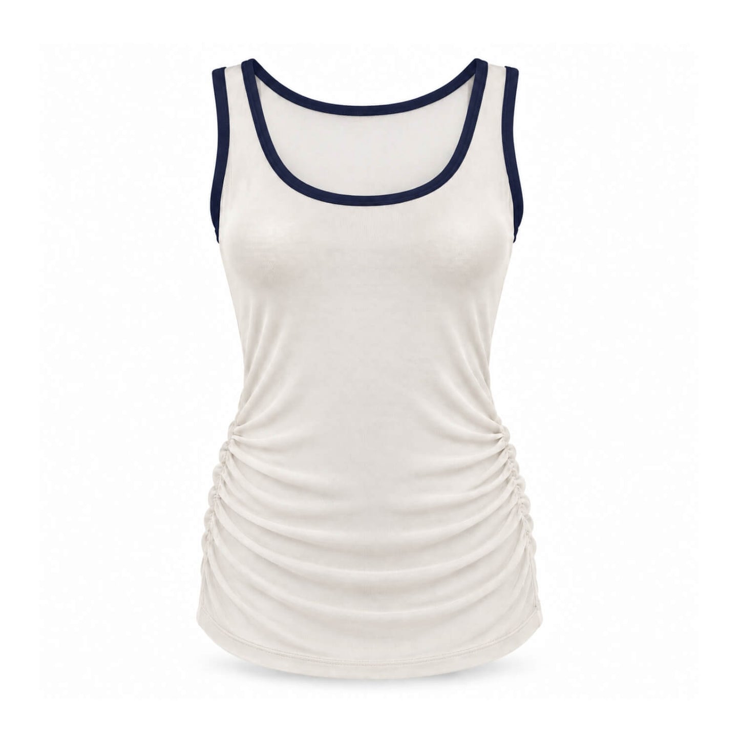An off-white sleeveless tank top with dark navy blue trim along the scoop neck and armholes, featuring a ruched side detail, shown on a plain white background.