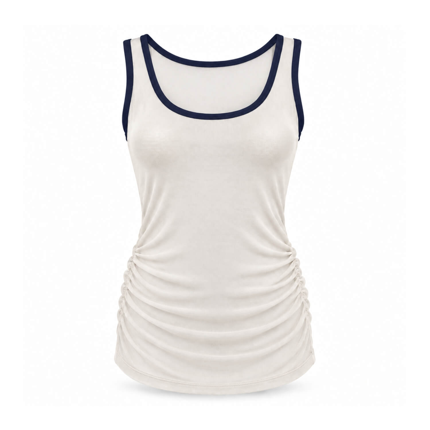 An off-white sleeveless tank top with dark navy blue trim along the scoop neck and armholes, featuring a ruched side detail, shown on a plain white background.