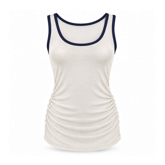 An off-white sleeveless tank top with dark navy blue trim along the scoop neck and armholes, featuring a ruched side detail, shown on a plain white background.