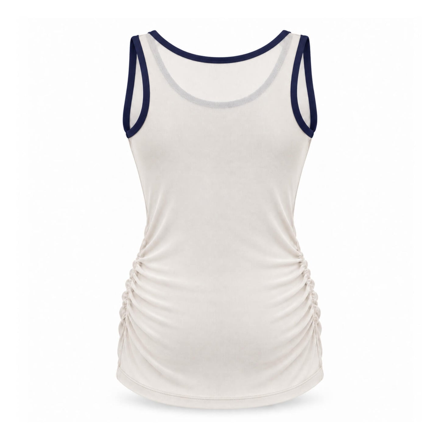 An off-white racerback tank top with dark navy blue trim on the scoop neck, armholes, and shoulder straps, featuring side ruching details on the lower torso, shown against a plain white background.