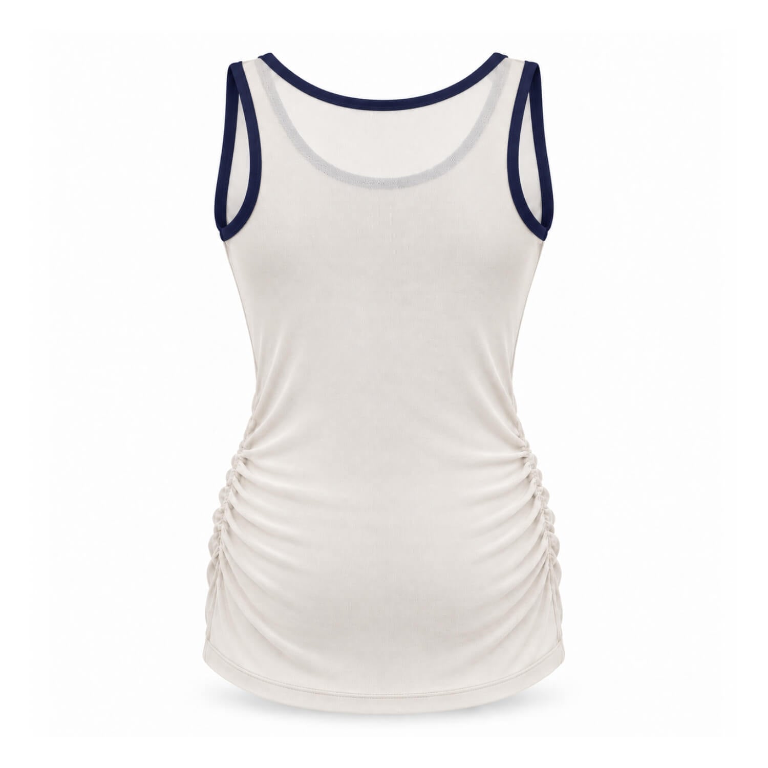 An off-white racerback tank top with dark navy blue trim on the scoop neck, armholes, and shoulder straps, featuring side ruching details on the lower torso, shown against a plain white background.