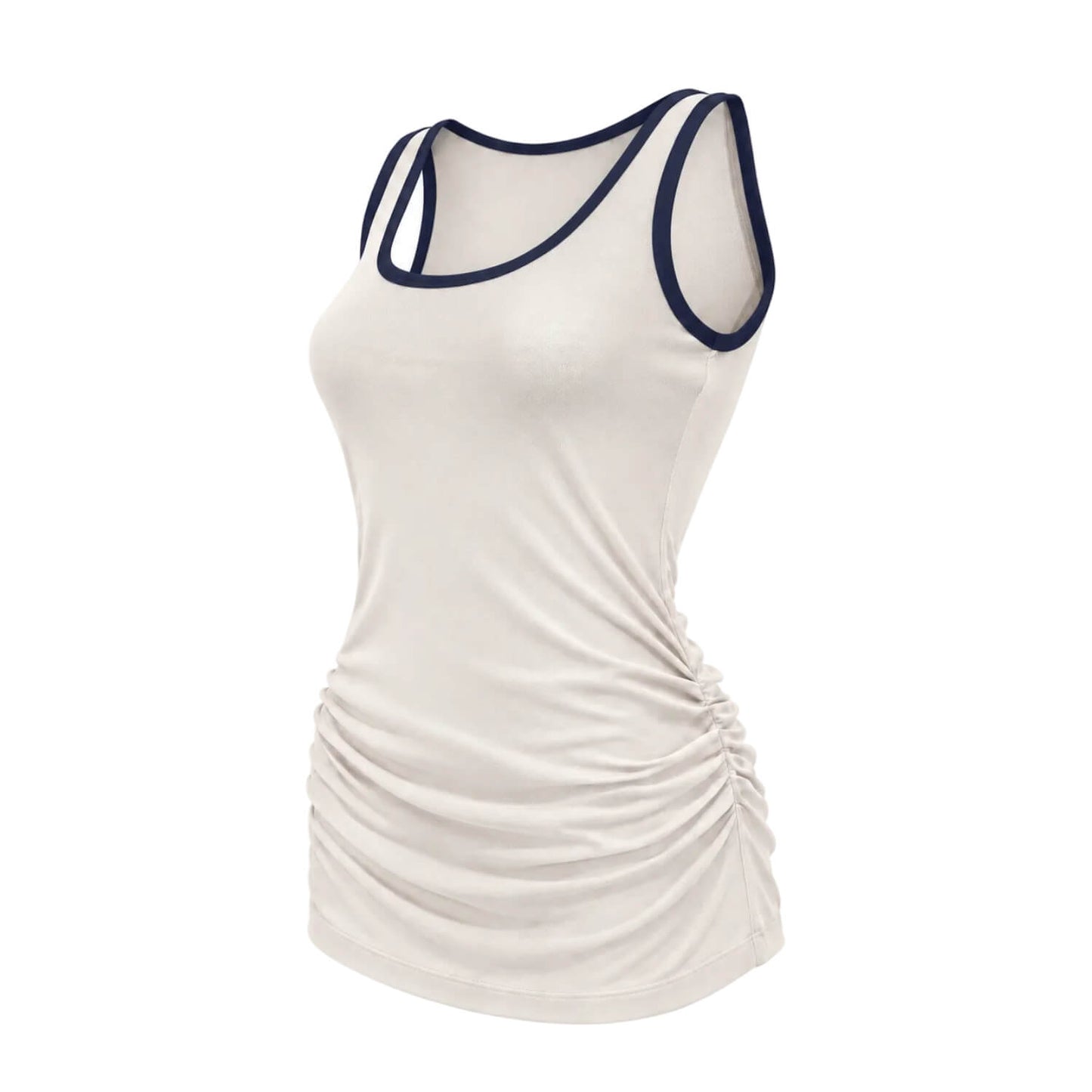 An off-white sleeveless tank top with dark navy blue trim along the scoop neckline and armholes, featuring a ruched side detail, shown on a plain white background.