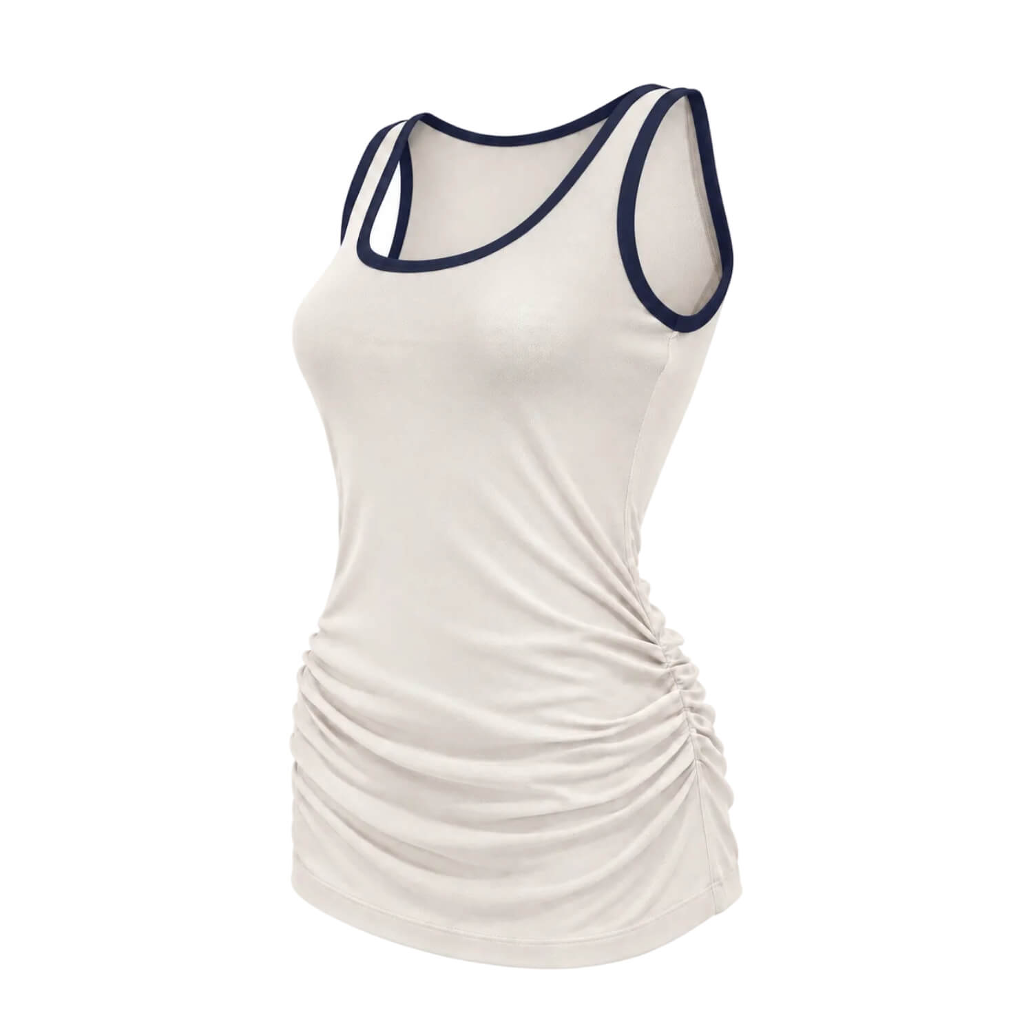 An off-white sleeveless tank top with dark navy blue trim along the scoop neckline and armholes, featuring a ruched side detail, shown on a plain white background.