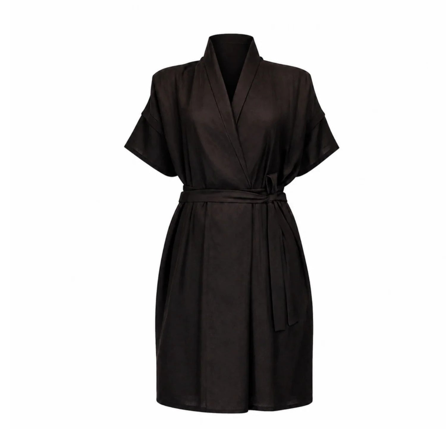 A black short-sleeved wrap Linen robe with a tie waist belts.