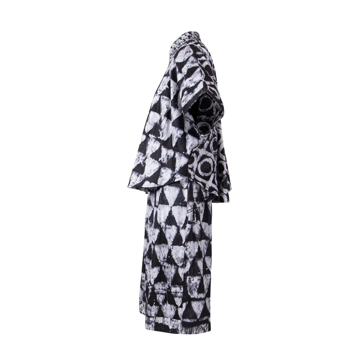 A matching set featuring some free hand Batik prints with bold black and white geometric pattern, shown on a plain white background.