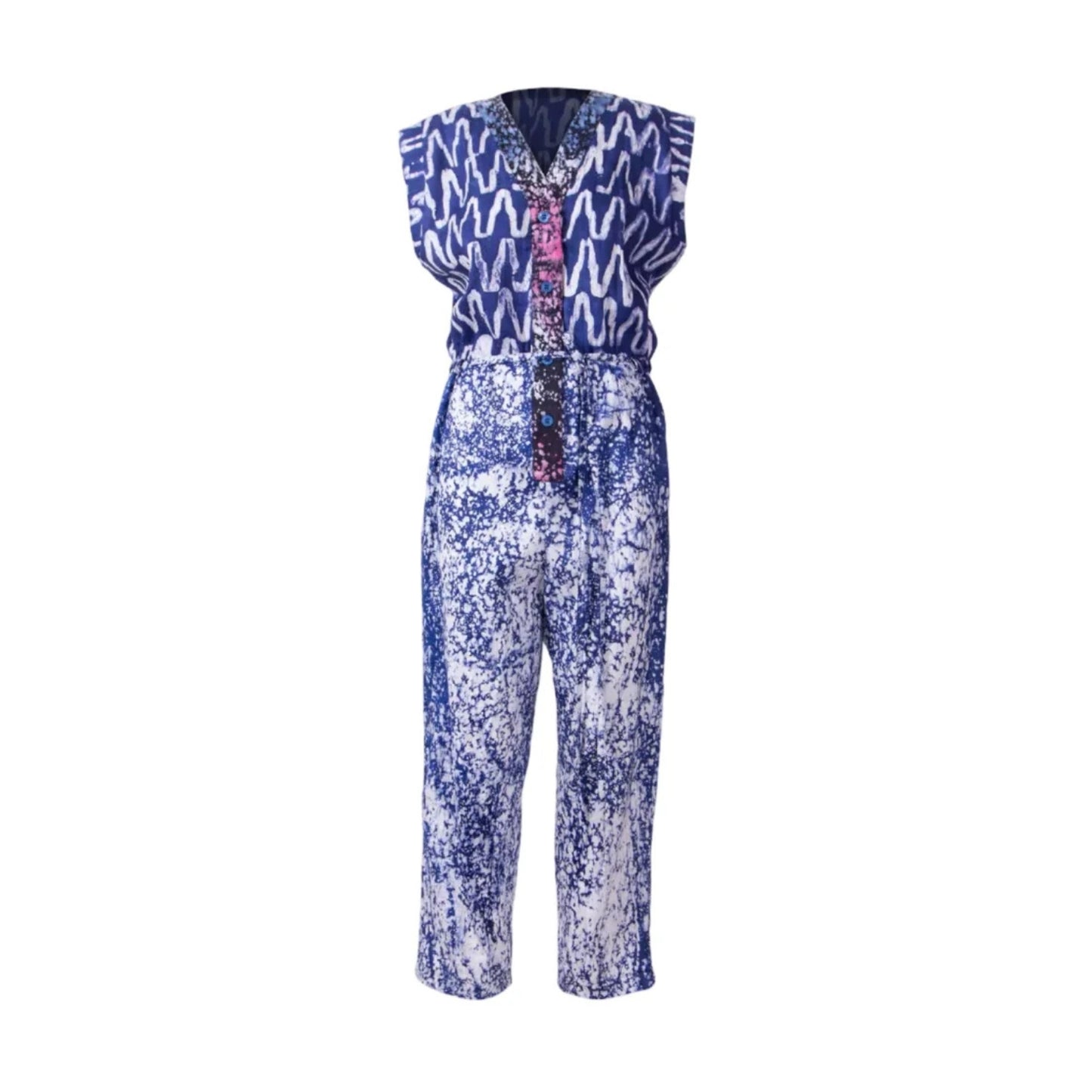 A sleeveless jumpsuit featuring a blue and white wavy pattern on the top and a blue and white abstract print on the pants, with a decorative beaded front detail.