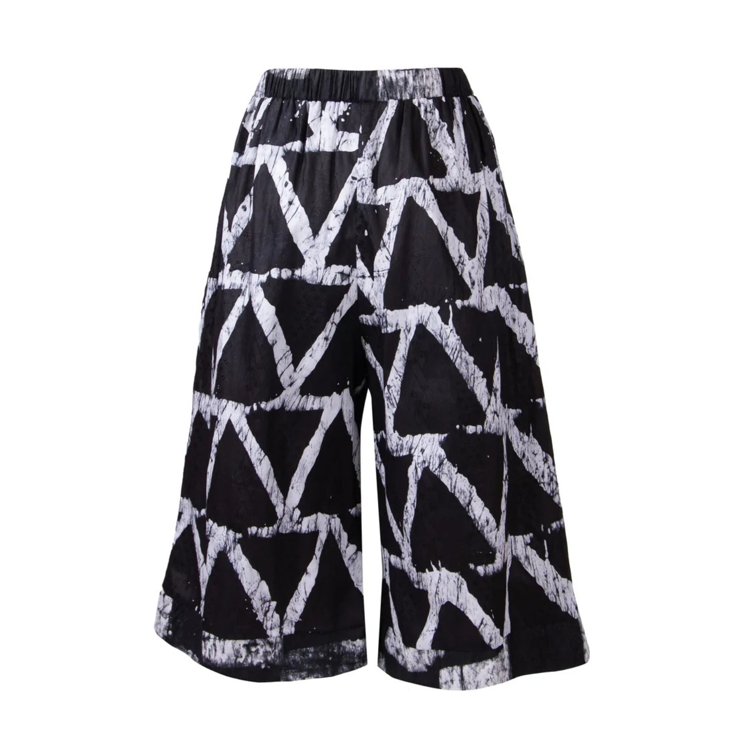 Black wide-leg cropped pants with a white distressed freehand drawn geometric pattern.