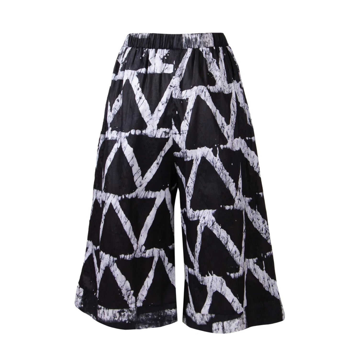 Black wide-leg cropped pants with a white distressed freehand drawn geometric pattern.