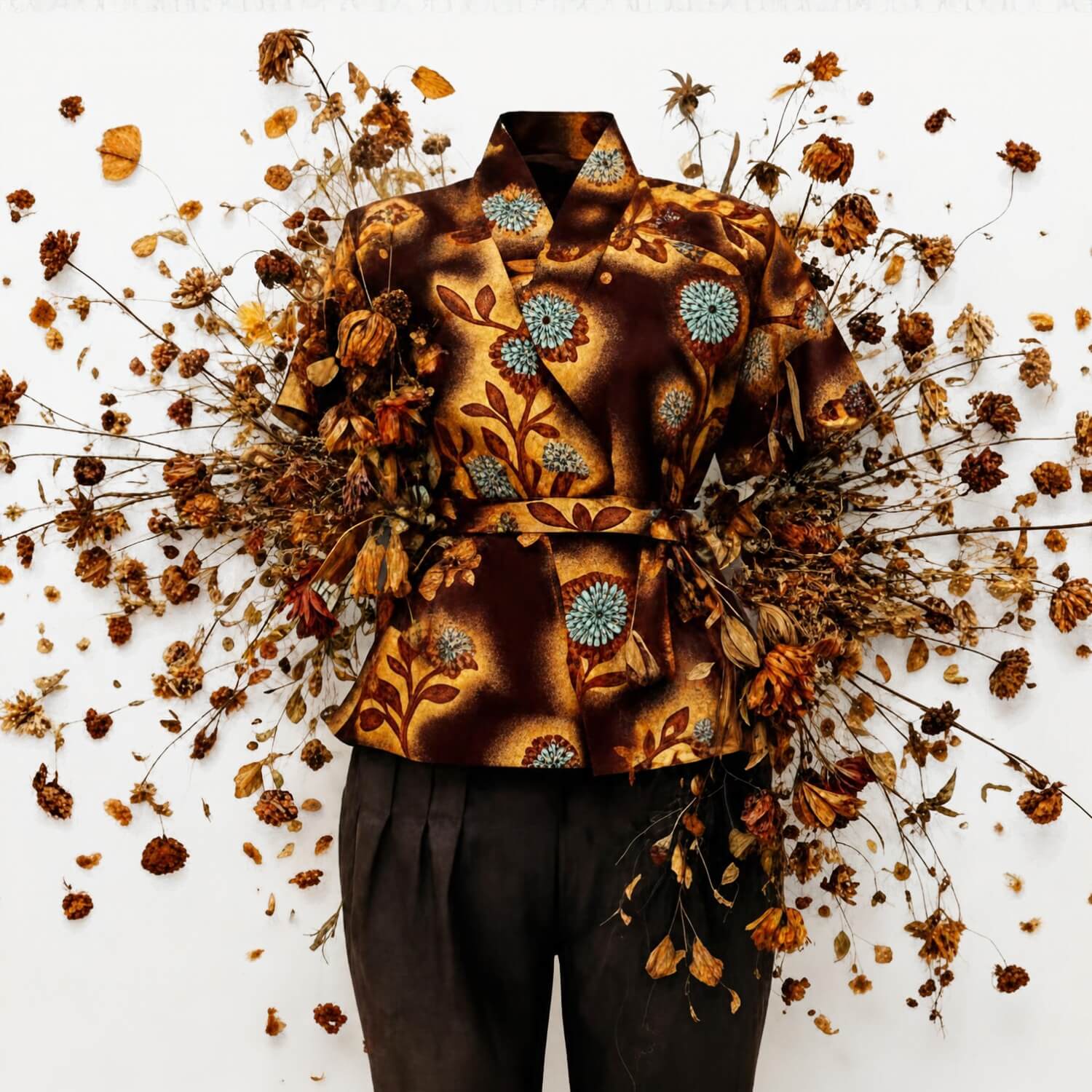 A short-sleeve collared shirt with a brown and gold batik-style floral pattern, styled on a mannequin with dried flowers and autumn leaves against a white background.