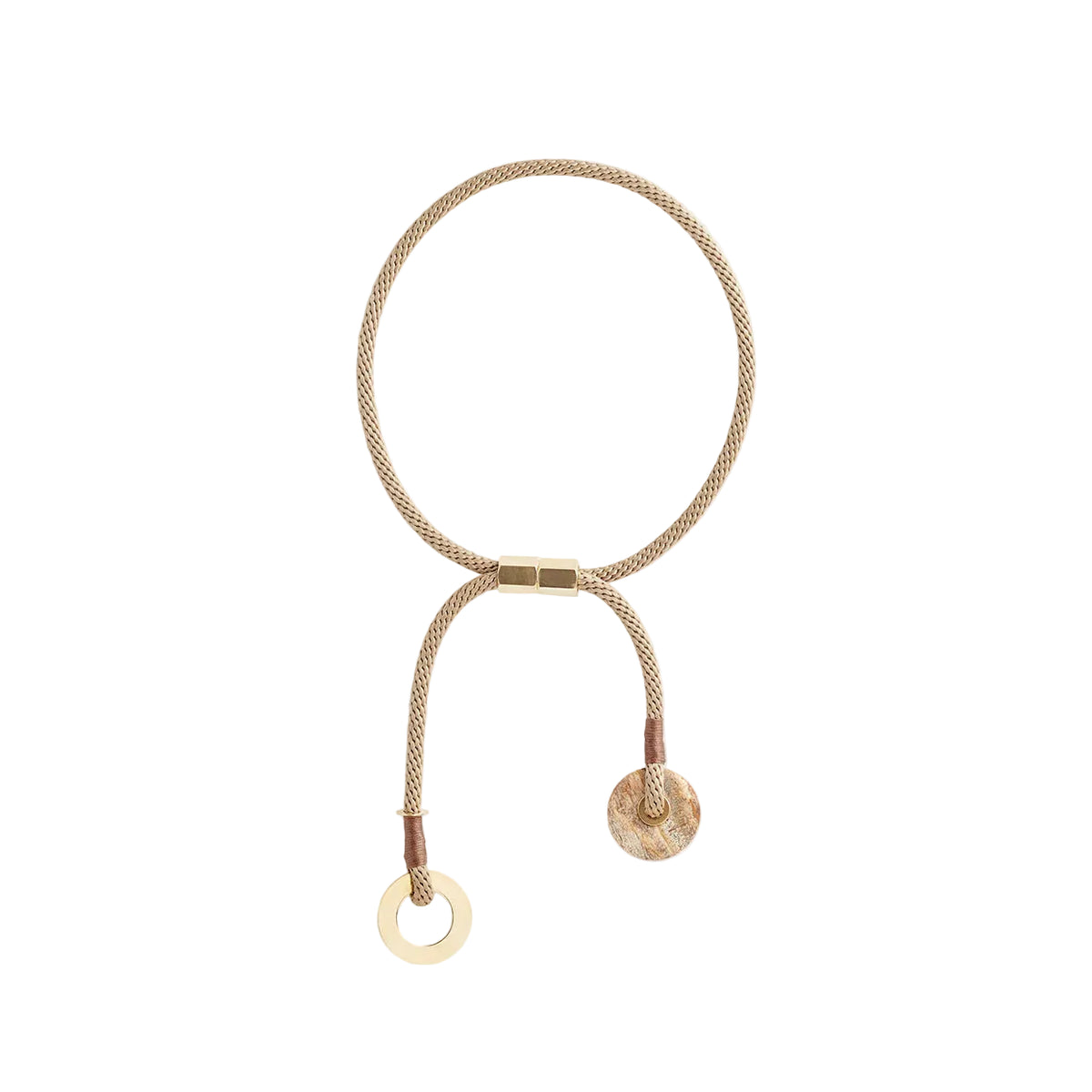 A beige braided rope necklace with brass magnetic clasps and a jasper stone pendant, displayed on a white background.