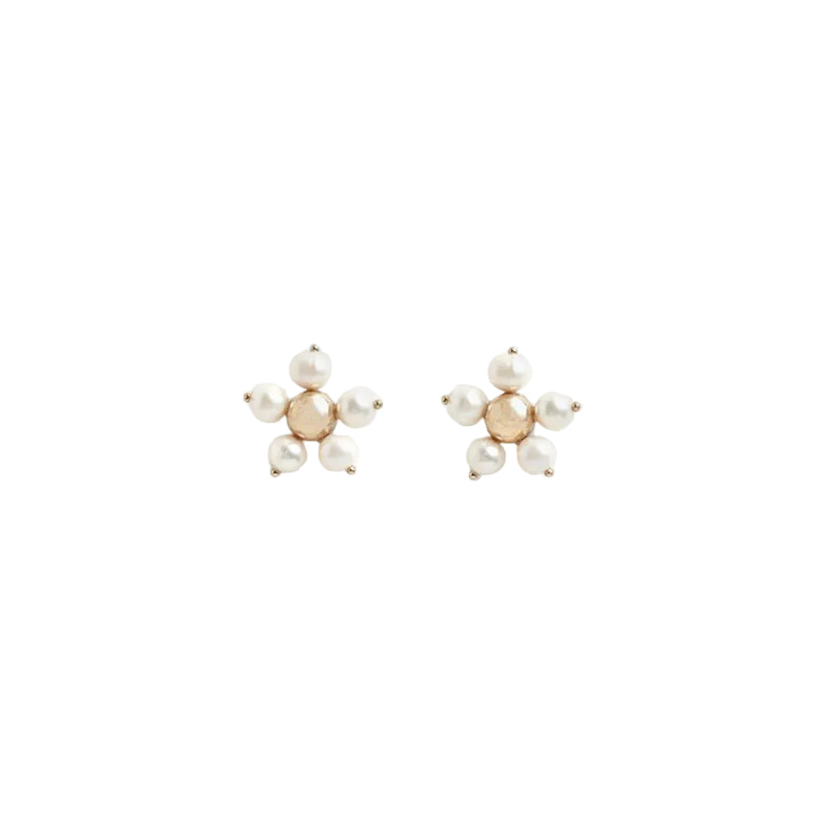 A pair of gold stud earrings featuring five small white pearls arranged in a flower shape, set against a plain white background.