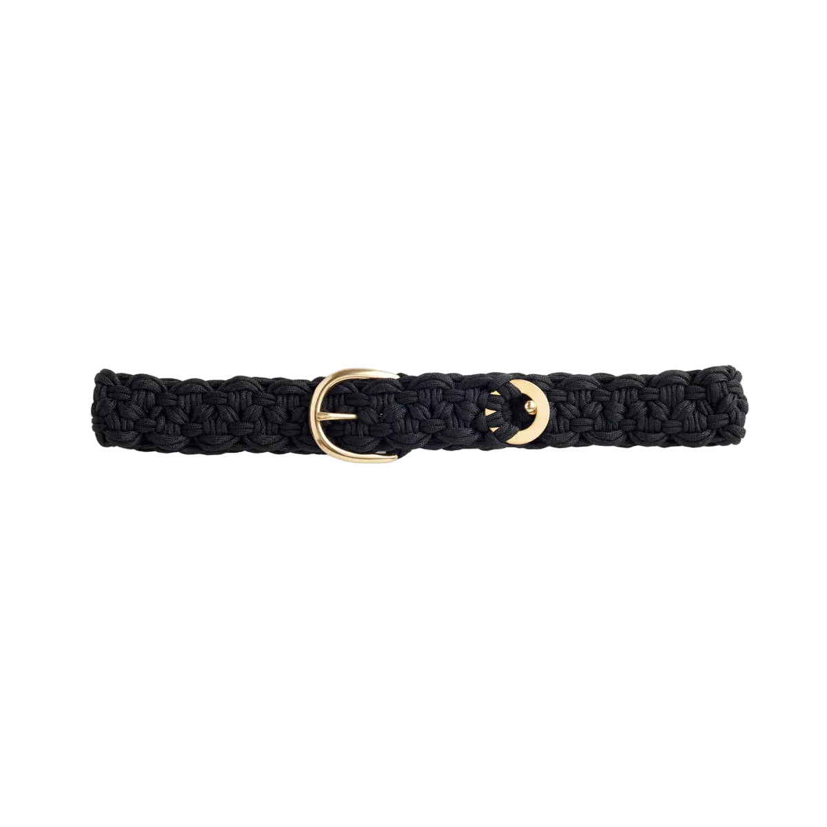 A black woven belt with a brass buckle and ring, on a white background.
