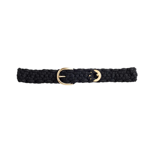 A black woven belt with a brass buckle and ring, on a white background.
