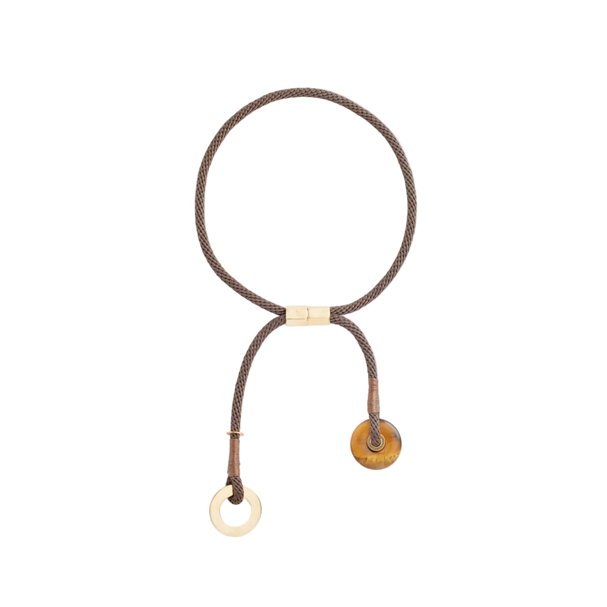 Brown cord necklace with gold and bronze elements.