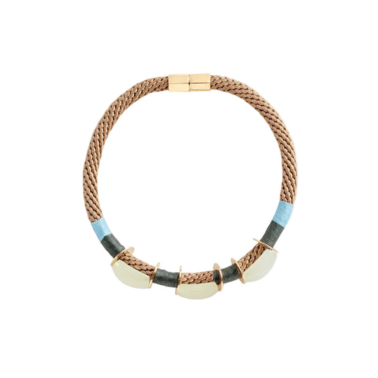 choker with a braided design and geometric beads on a white backgrounder 
