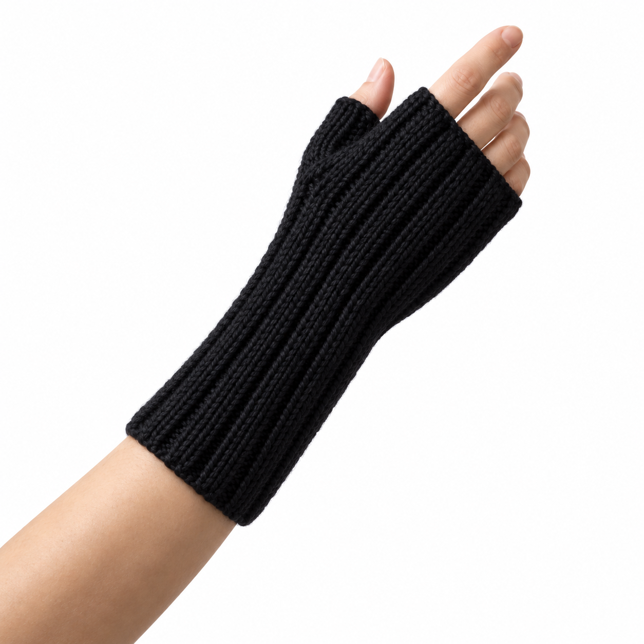 A black ribbed knit fingerless glove worn on a person's hand, shown against a plain white background.