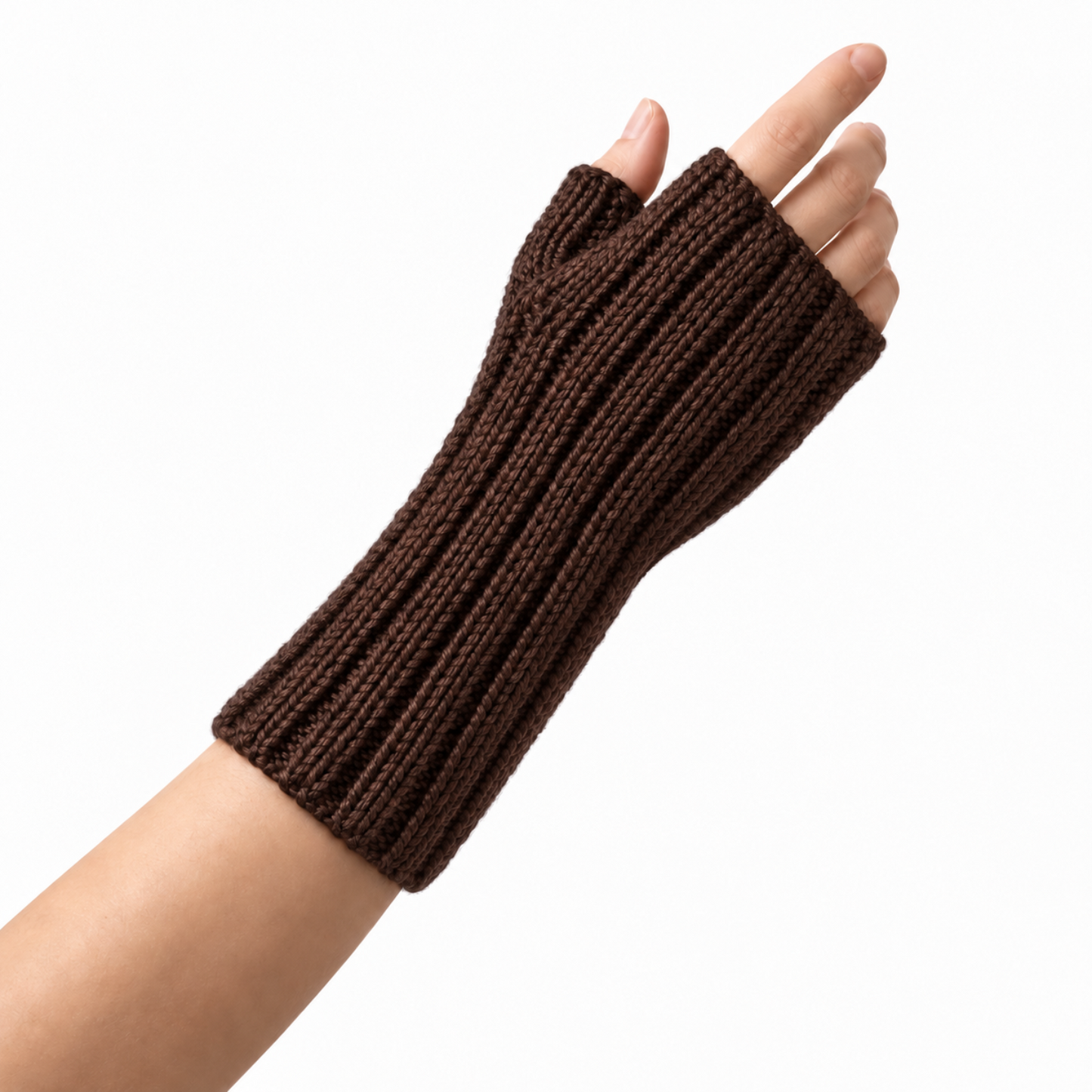A dark brown ribbed knit fingerless glove worn on a hand, shown against a plain white background.