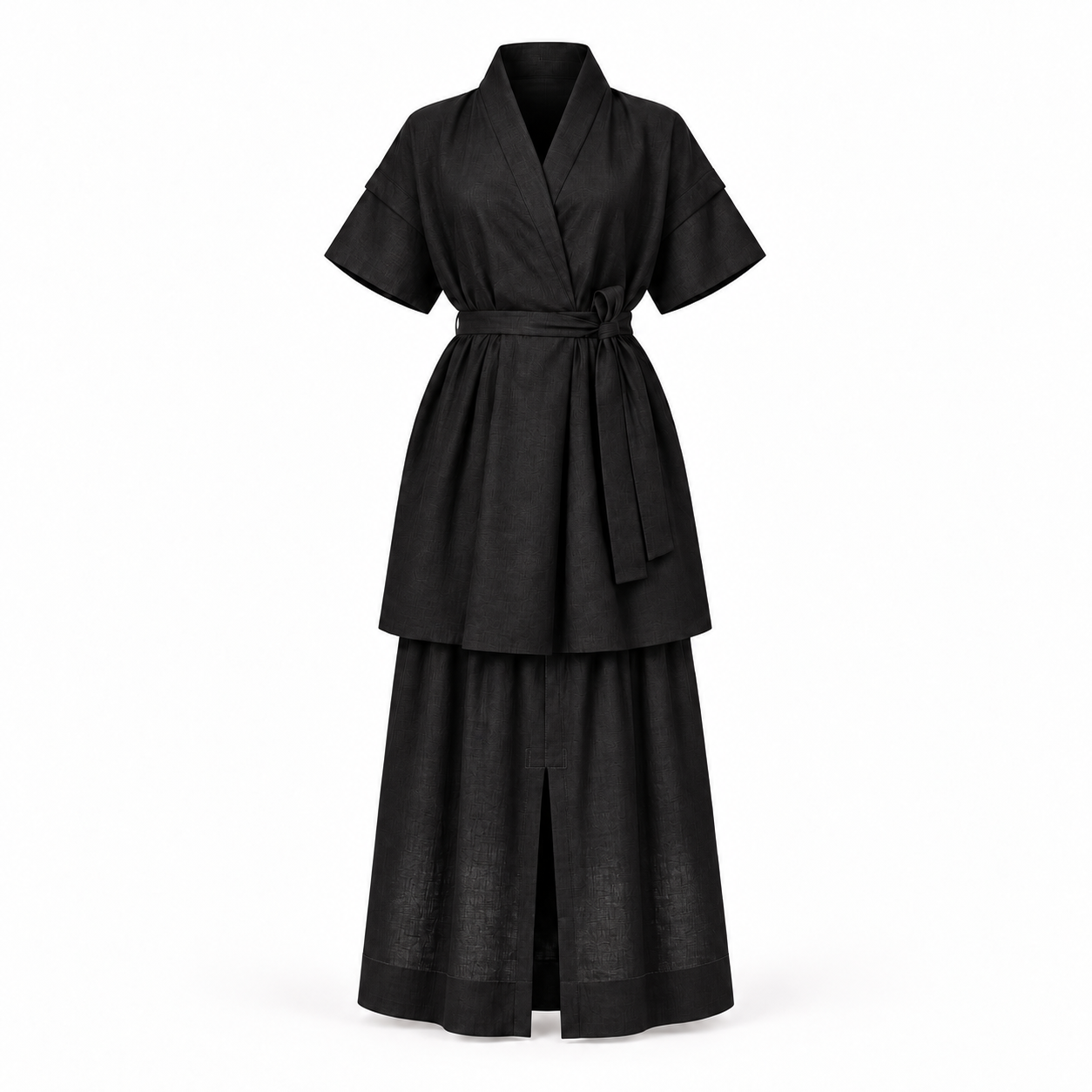A black short-sleeved wrap robe with a matching waist tie and a long layered skirt, displayed on a clean white background.